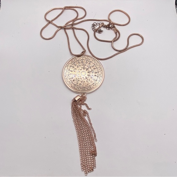 MOLOCH Tassel Fringe Circle Pendent Druzy Background Long Necklace - Picture 4 of 6